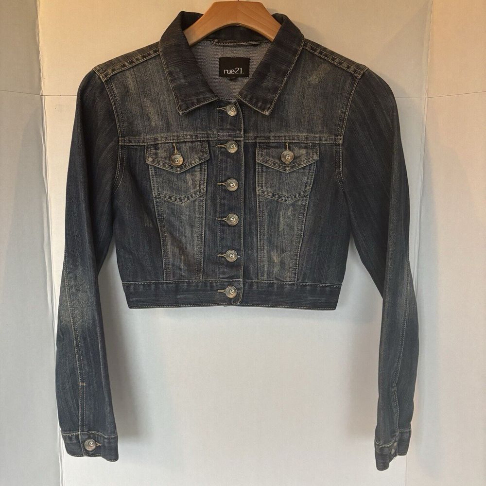 Women's‎ Junior's Size S Small Rue 21 Blue Dark Wash Distressed Jean Jacket